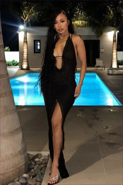 Sultry Nights Black Bodycon Maxi Dress - Daring Plunge & High Slit for Cutout, Dress, Glamour, Maxi, Night