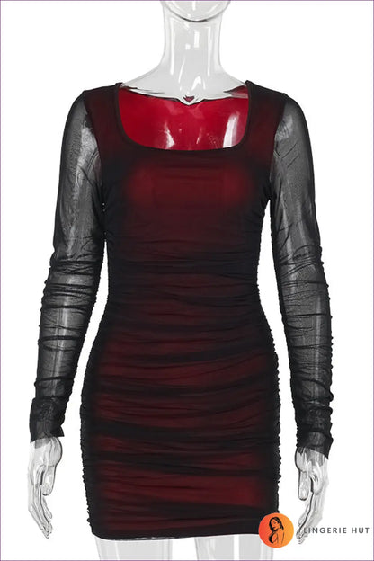 Sultry Ombre Mesh Bodycon Dress - Burgundy Black Elegance for Autumn, Bodycon, Dress, Glamour, Mini