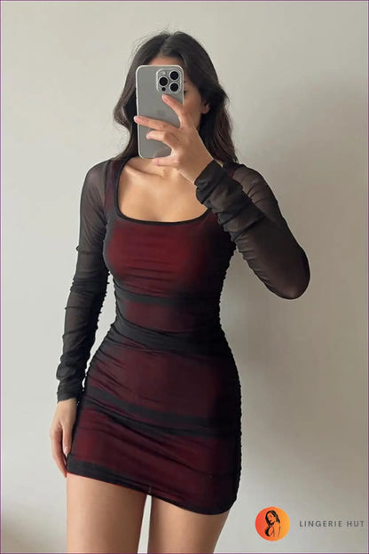 Sultry Ombre Mesh Bodycon Dress - Burgundy Black Elegance for Autumn, Bodycon, Dress, Glamour, Mini