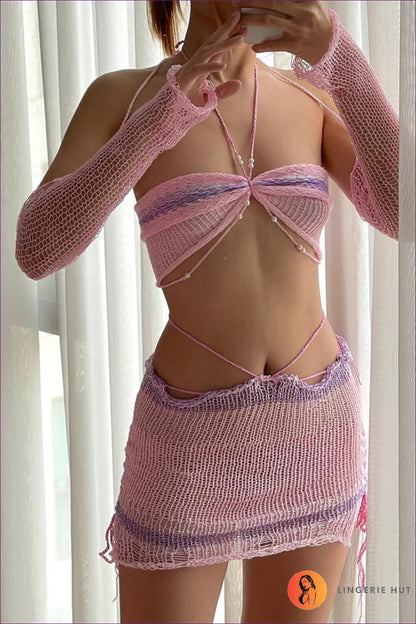 Embrace Sensuality With Our Sultry Summer Contrast Color Pearl Halter Knitted Set. Seductive Elegance At Its