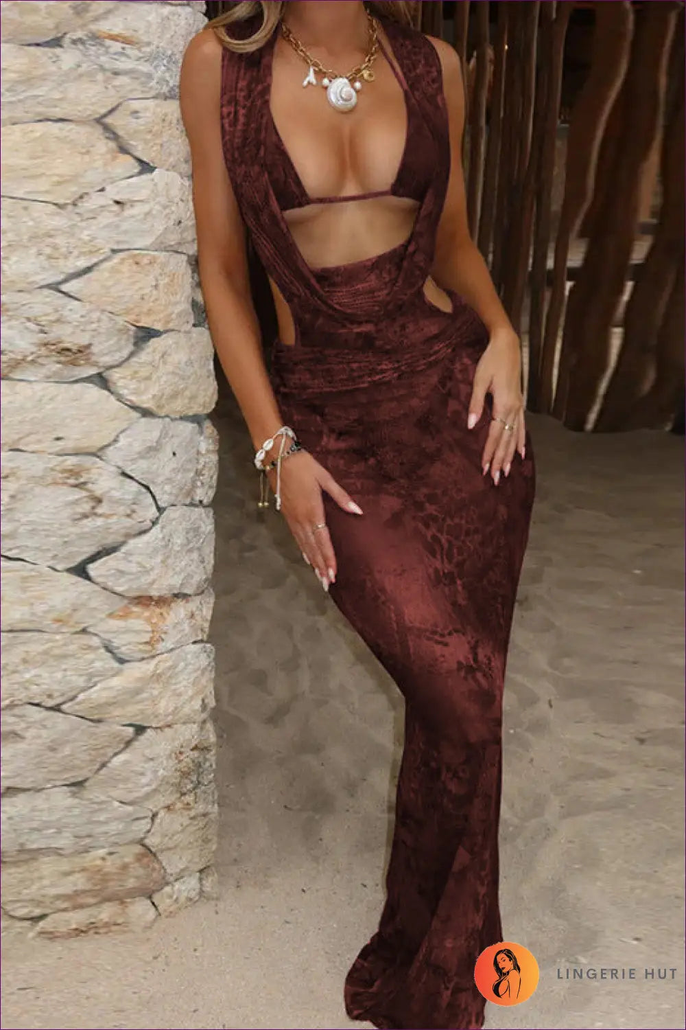 Sultry Velvet Cut-out Maxi Dress - Daring Elegance for Autumn, Cutout, Dress, Glamour, Honeymoon