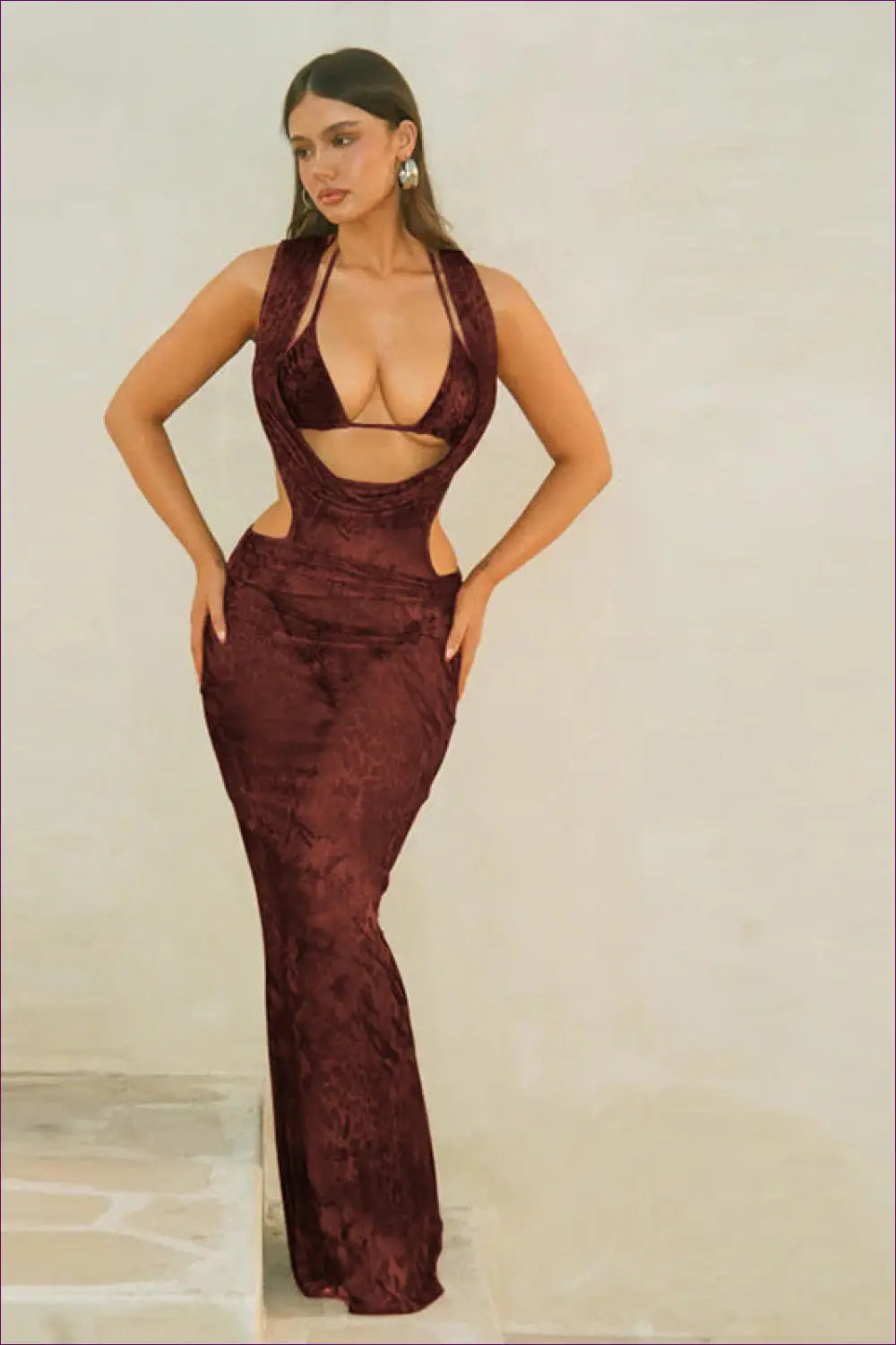 Sultry Velvet Cut-out Maxi Dress - Daring Elegance for Autumn, Cutout, Dress, Glamour, Honeymoon