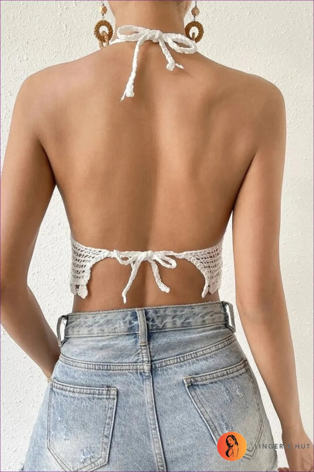Boho Chic Meets Summer Ease With Lingerie Hut’s Crocheted Hollow Sling Back Strap Top. Halter, Tie-up,