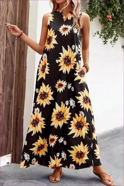 Sunflower Print Maxi Dress with v Neck - Joyful Everyday Ease for A-line, Casual, Dress, Everyday, Floral