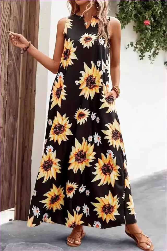 Sunflower Print Maxi Dress with V Neck - Joyful Everyday Ease