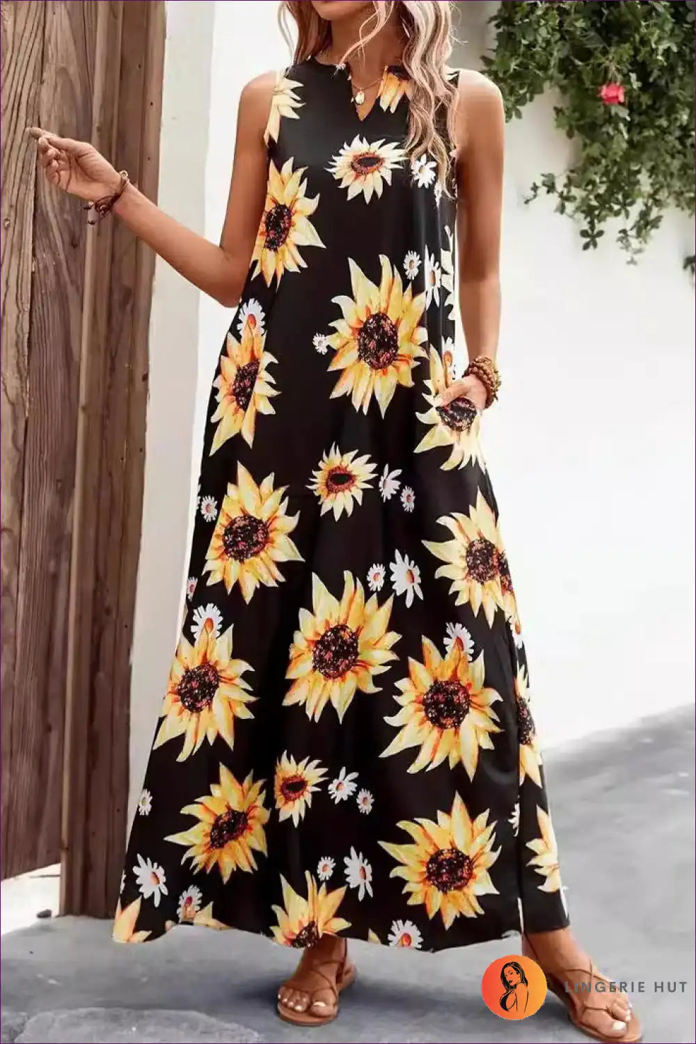 Sunflower Print Maxi Dress with v Neck - Joyful Everyday Ease for A-line, Casual, Dress, Everyday, Floral