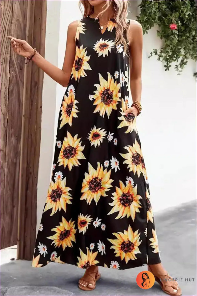 Sunflower Print Maxi Dress with V Neck - Joyful Everyday Ease