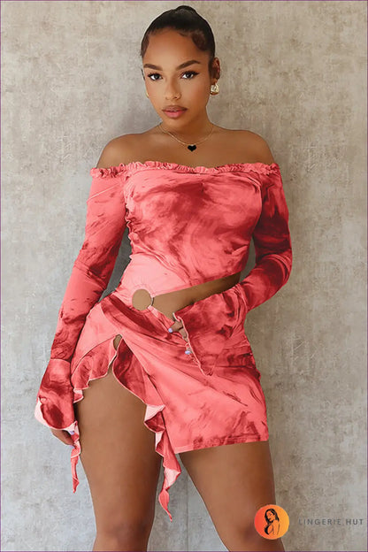 Sunset Marble Off-shoulder Co-ord Set - Radiant Elegance for co Ord, Cutout, Glamour, Jersey, n