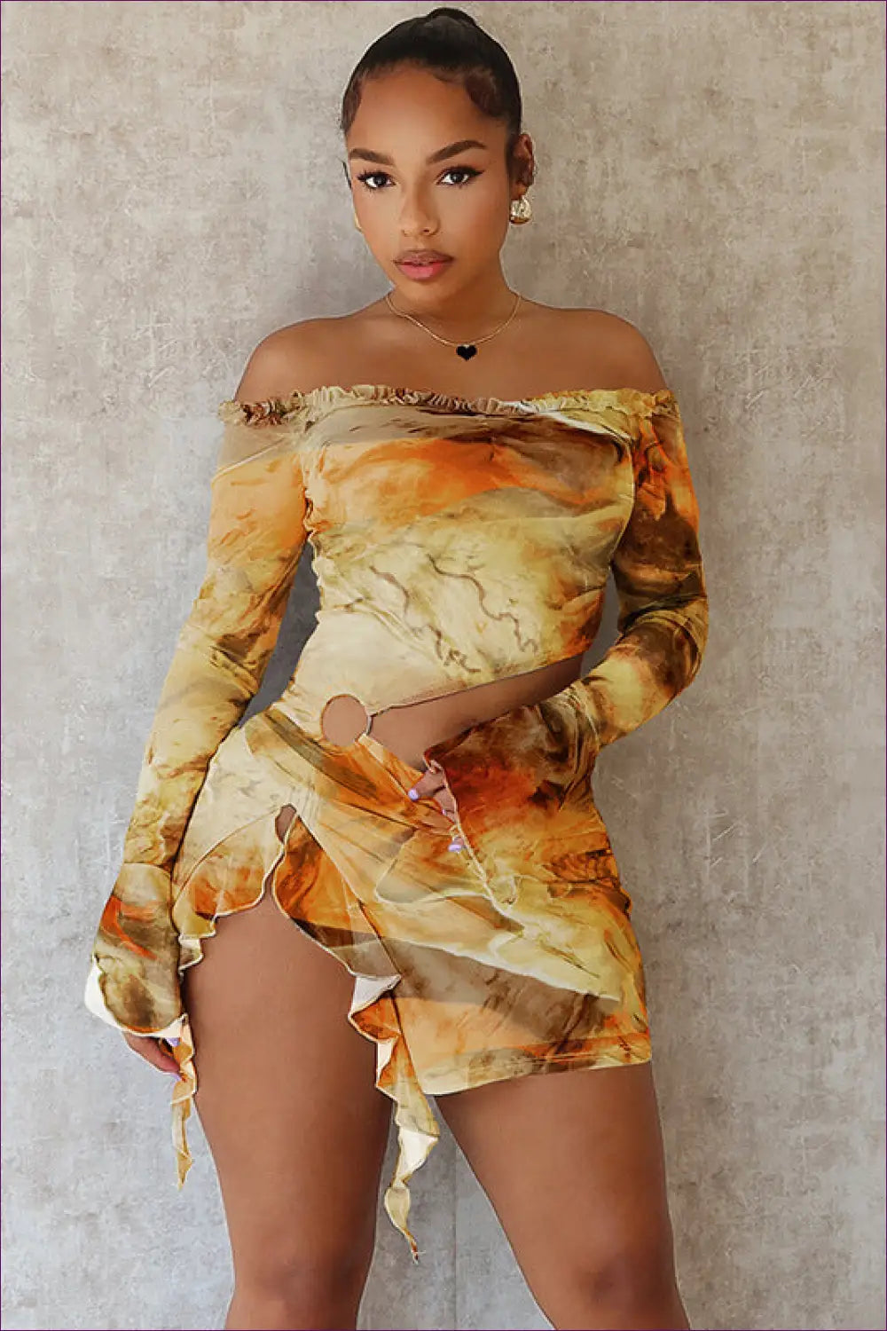 Sunset Marble Off-shoulder Co-ord Set - Radiant Elegance for co Ord, Cutout, Glamour, Jersey, n