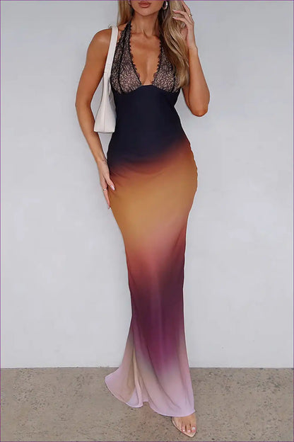 Sunset Ombre Lace Halter Maxi Dress - Elegant Evening Allure for Date Night, Dress, Glamour, Maxi, Night