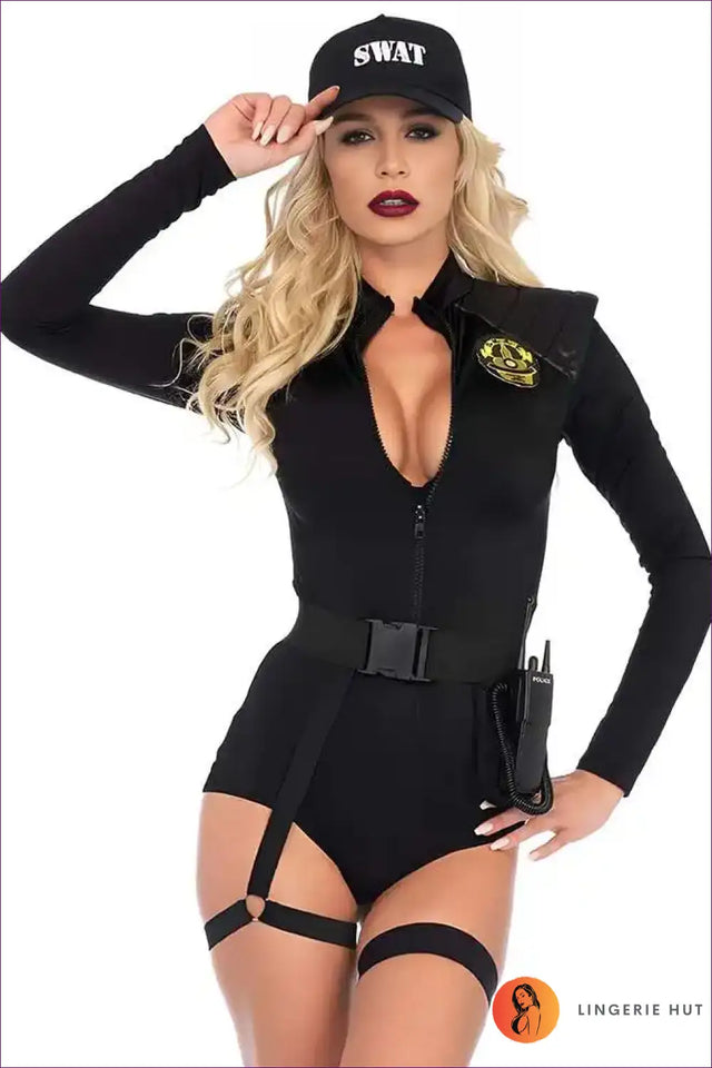 SWAT Police Costume Bodysuit with Cap & Utility Belt - Cool Authority