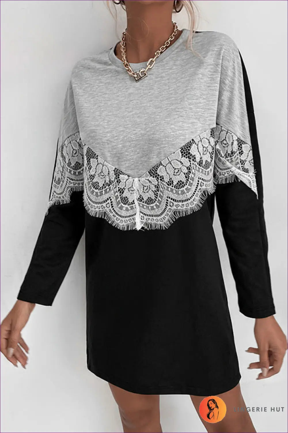 Sweater Dress with Lace Patchwork - Effortless Autumn Style - s / Light Gray - Dresses - Lingerie Hut - A-line • Autumn