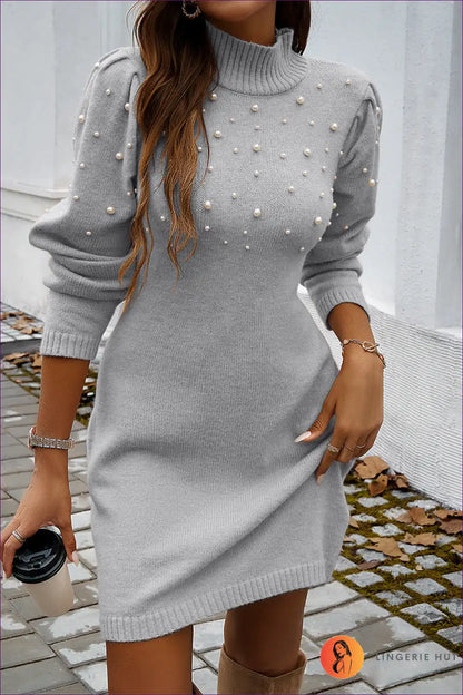 Sweater Dress with Pearl Details - Modern Sophistication for All Season, Autumn, Bodycon, Casual,