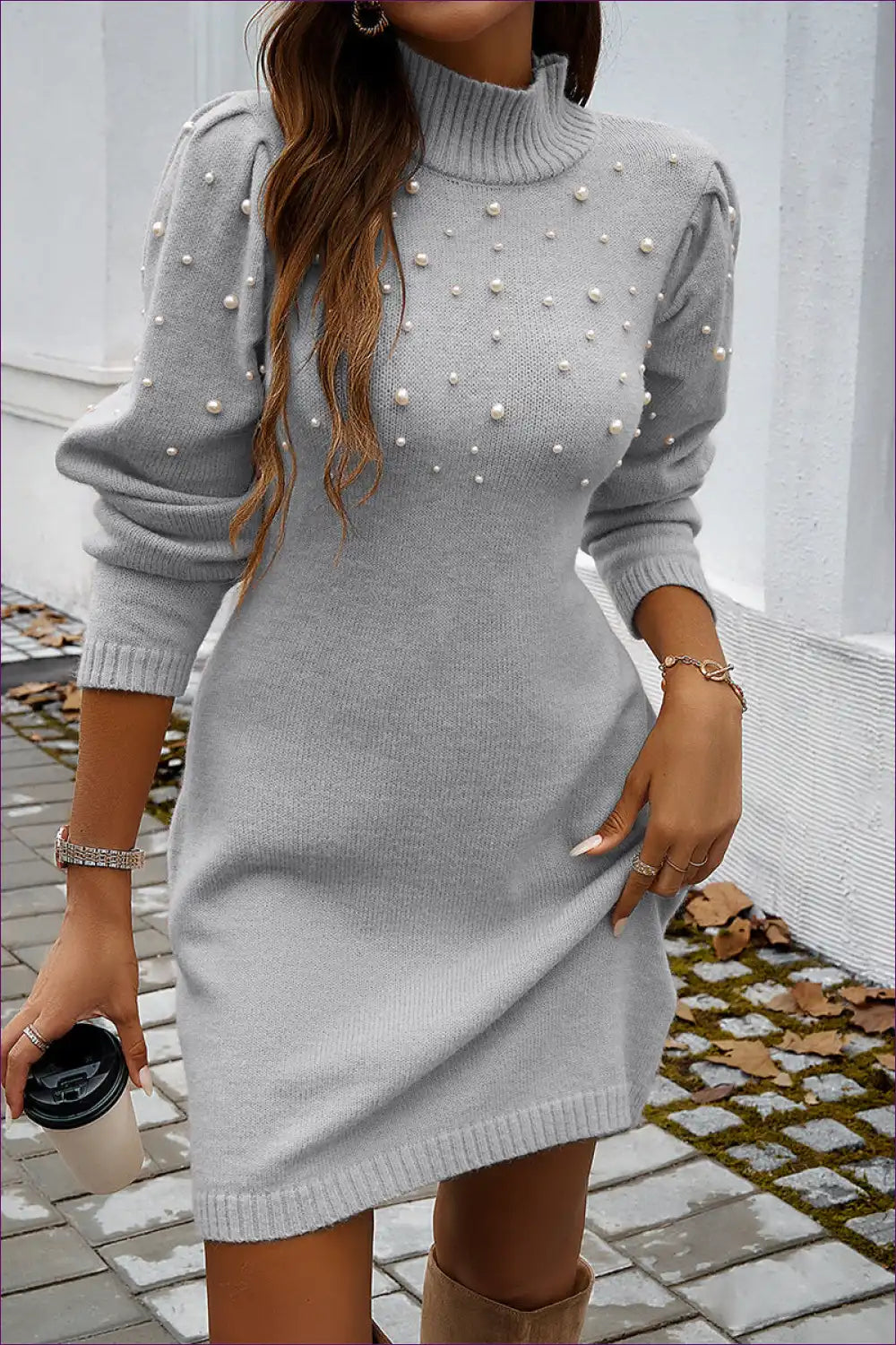 Sweater Dress with Pearl Details - Modern Sophistication for All Season, Autumn, Bodycon, Casual,