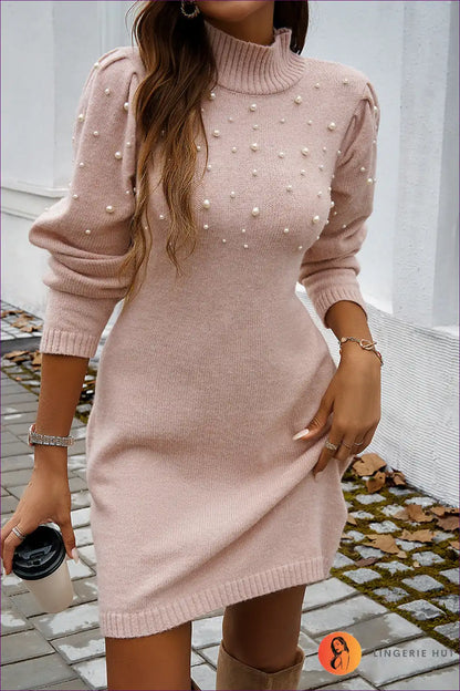 Sweater Dress with Pearl Details - Modern Sophistication for All Season, Autumn, Bodycon, Casual,
