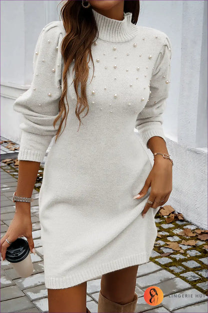 Sweater Dress with Pearl Details - Modern Sophistication for All Season, Autumn, Bodycon, Casual,