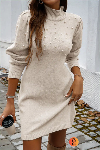 Sweater Dress with Pearl Details - Modern Sophistication for All Season, Autumn, Bodycon, Casual,