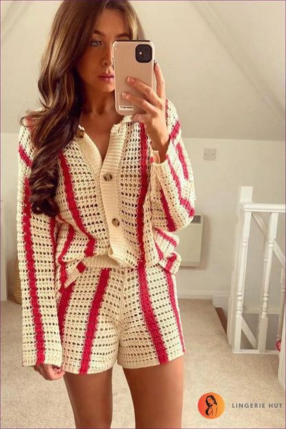 Upgrade Your Casual Game With a Sweet Striped Hollow Out Cardigan Set. Perfect For Everyday Chic. Limited