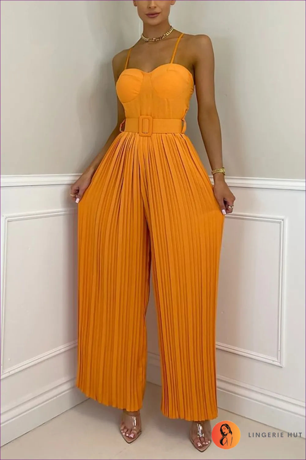Be The Belle Of Ball In Our Sweetheart Pleated Jumpsuit With Matching Belt. Delicate Pleating, Elegant