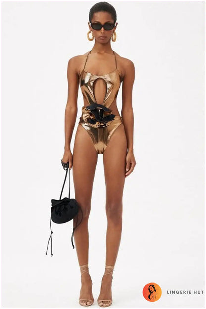 Swimsuit with Floral Cut-out Detail - Statement Poolside for Beachwear, Cutout, Floral, Glamour, Halter