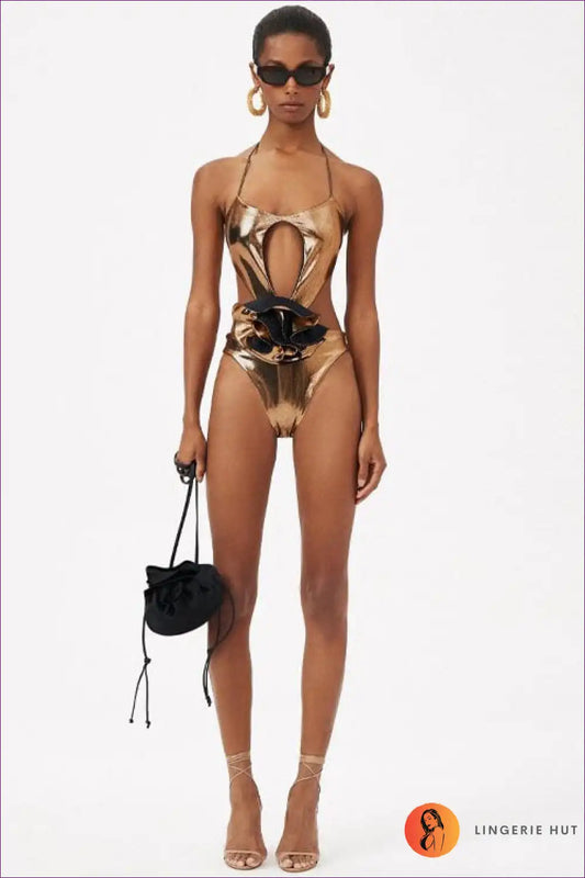 Swimsuit with Floral Cut-out Detail - Statement Poolside for Beachwear, Cutout, Floral, Glamour, Halter