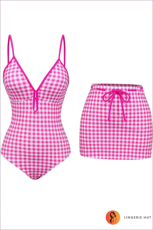 Checkered Print Swimsuit and Cover Up Set