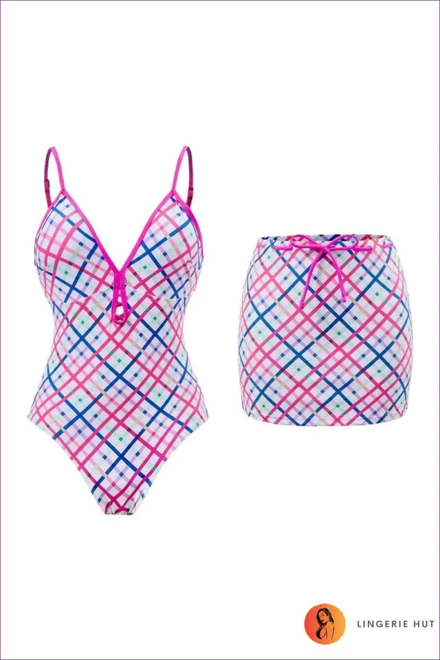 Checkered Print Swimsuit and Cover Up Set