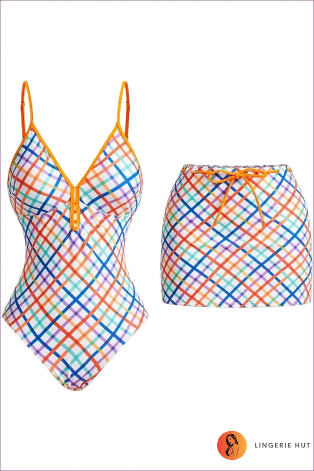 Checkered Print Swimsuit and Cover Up Set
