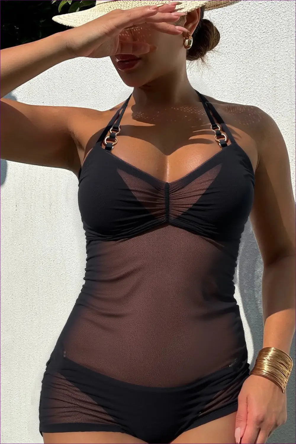 Swimsuit with Mesh Overlay - Sophisticated Poolside - Swimwear - Lingerie Hut - Beachwear • Cutout • Glamour • Halter