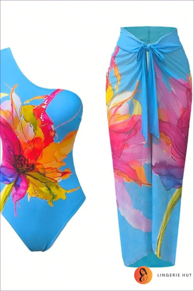 Floral Print One-Shoulder Swimsuit and Cover Up Set