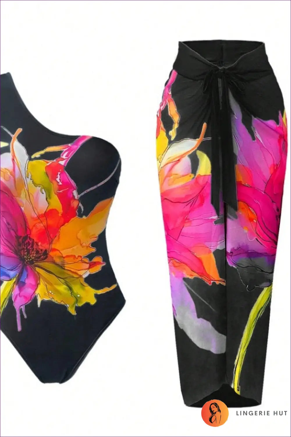 Swimsuit and Sarong Set with Floral Print - Tropical Paradise - s / Black Background Printing - Bikini - Lingerie Hut