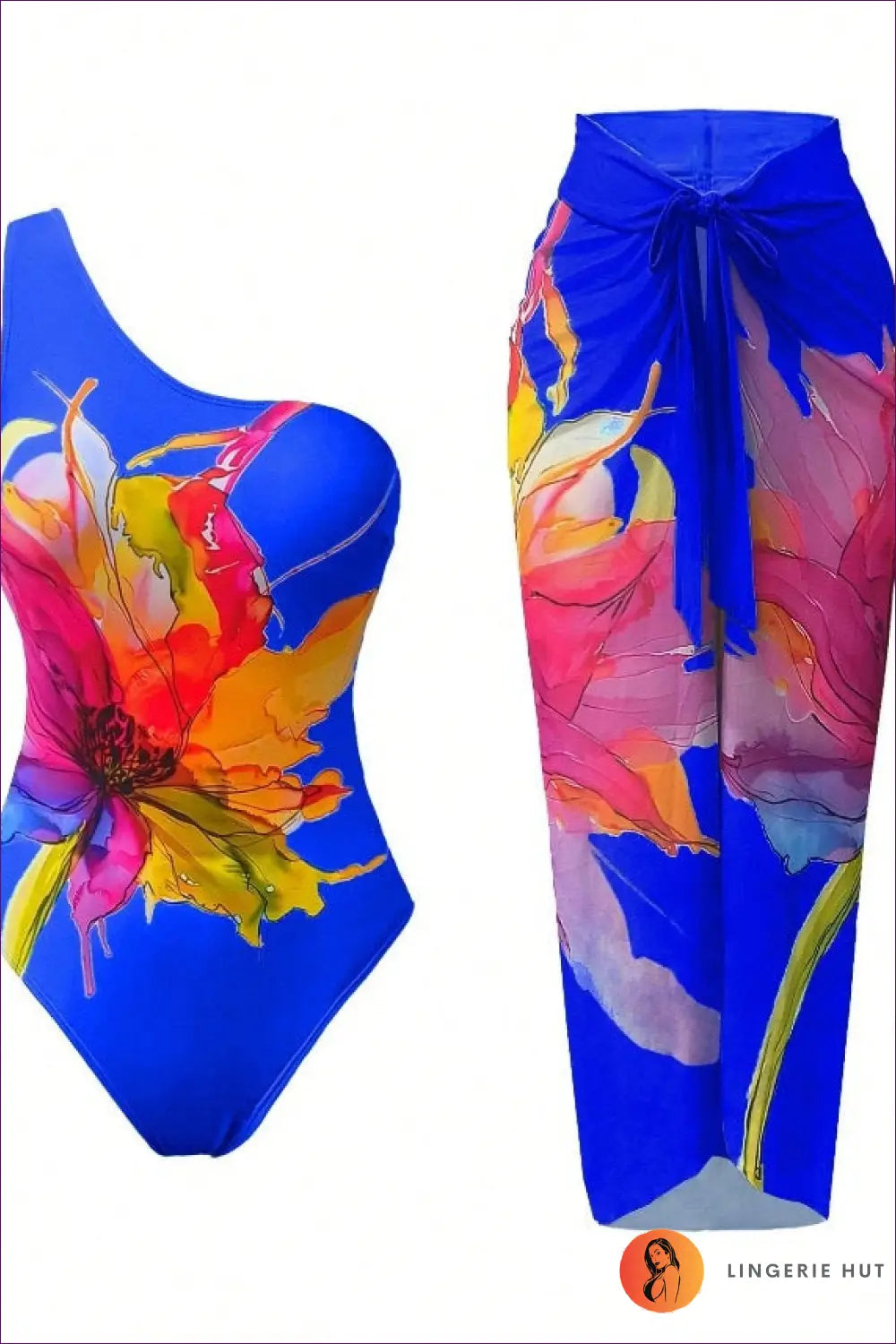 Swimsuit and Sarong Set with Floral Print - Tropical Paradise - s / Dark Blue Background Printing - Bikini - Lingerie