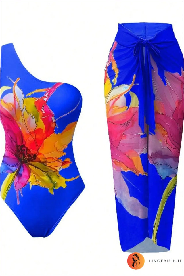 Floral Print One-Shoulder Swimsuit and Cover Up Set