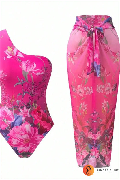 Swimsuit and Sarong Set with Floral Print - Tropical Paradise - s / Rose Red Background Printing - Bikini - Lingerie