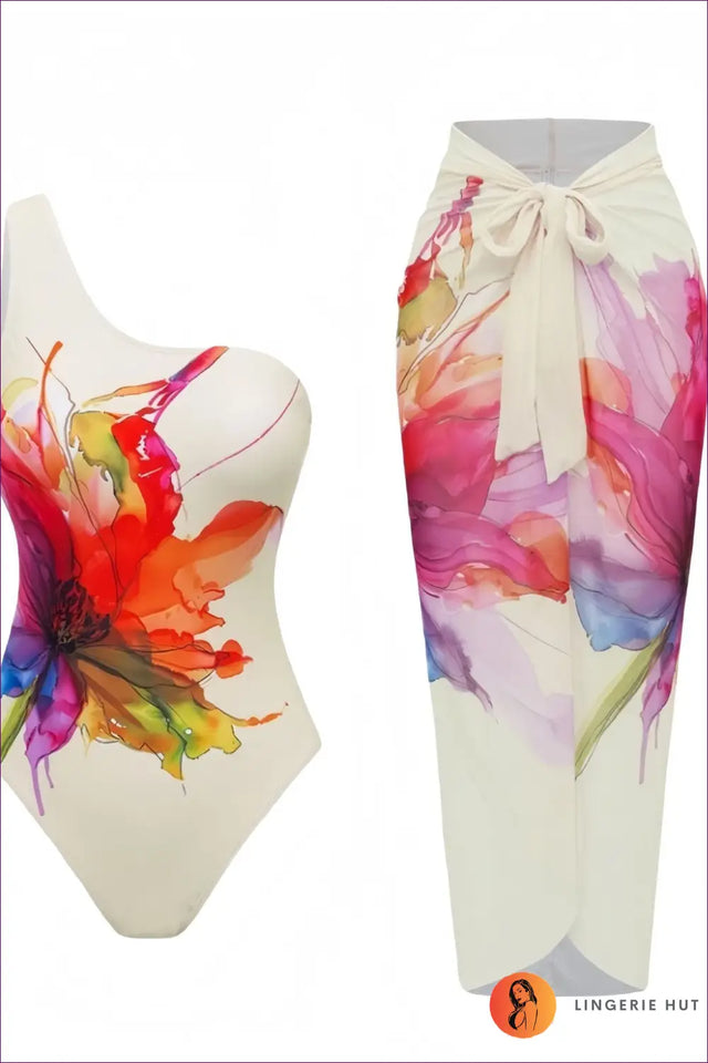 Floral Print One-Shoulder Swimsuit and Cover Up Set