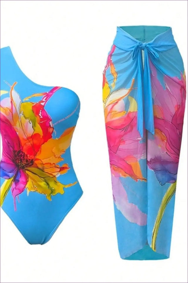 Floral Print One-Shoulder Swimsuit and Cover Up Set