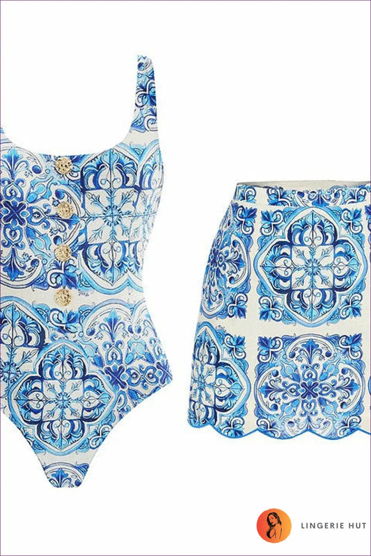 Swimsuit with Tile Print - Mediterranean Escape - s / Set - Swimwear - Lingerie Hut - Beachwear • Bodycon • Casual