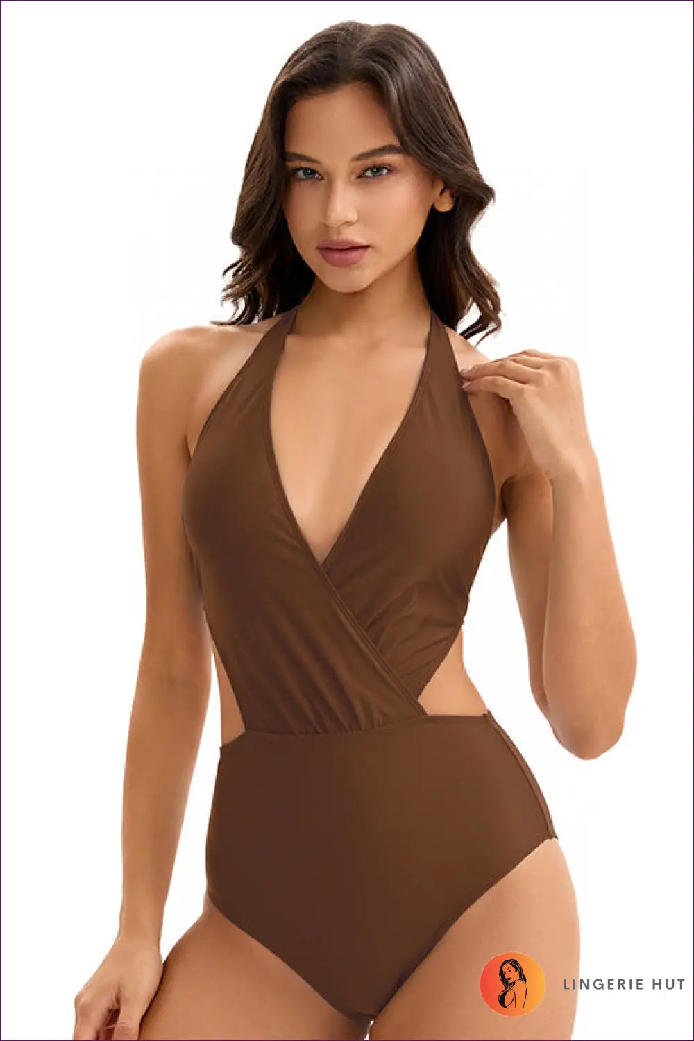 Swimsuit with Wrap Front - Sophisticated Poolside - s / Brown - Swimwear - Lingerie Hut - Backless • Beachwear • Cutout