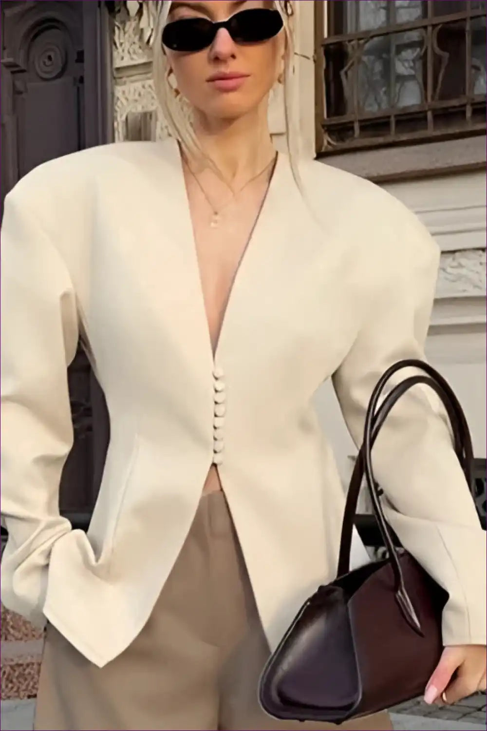 Tailored Long-sleeve Blazer V-neck - Slim Fit Beige Workwear for Autumn, Casual, Everyday, Formal Wear,