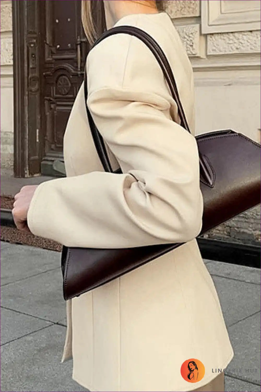 Tailored Long-sleeve Blazer V-neck - Slim Fit Beige Workwear for Autumn, Casual, Everyday, Formal Wear,