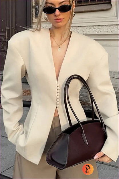 Tailored Long-sleeve Blazer V-neck - Slim Fit Beige Workwear for Autumn, Casual, Everyday, Formal Wear,