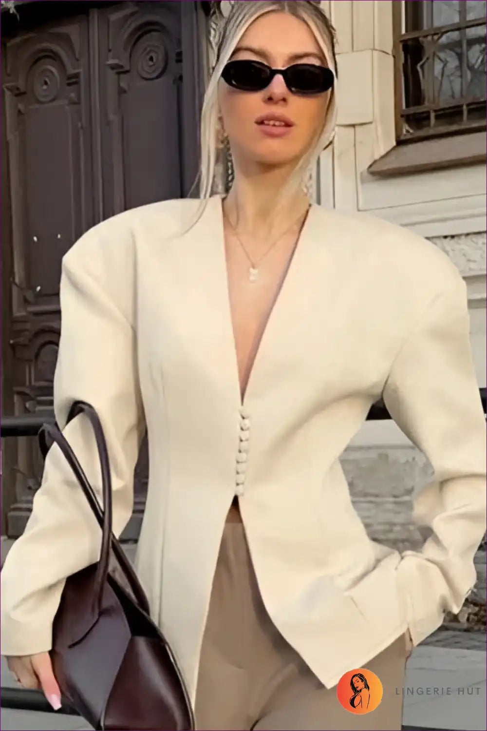 Tailored Long-sleeve Blazer V-neck - Slim Fit Beige Workwear for Autumn, Casual, Everyday, Formal Wear,