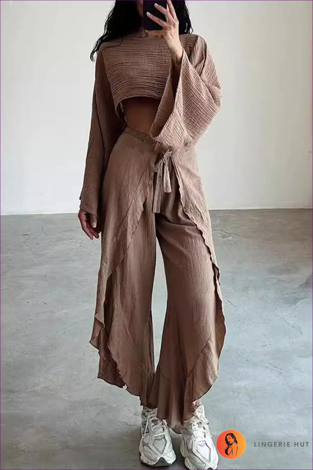 Relaxed Linen-Look Co-Ord Set with Crop Top and Wrap Trousers