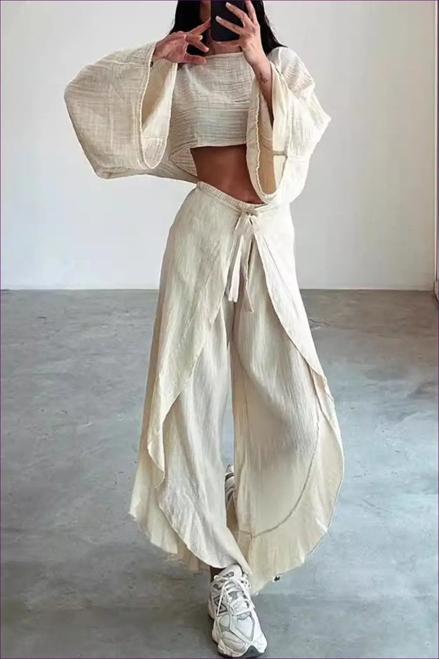 Relaxed Linen-Look Co-Ord Set with Crop Top and Wrap Trousers