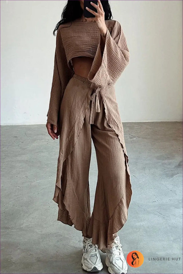 Relaxed Linen-Look Co-Ord Set with Crop Top and Wrap Trousers