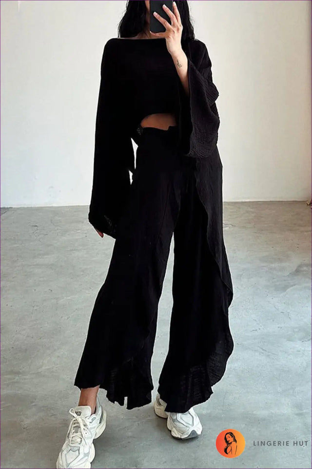Relaxed Linen-Look Co-Ord Set with Crop Top and Wrap Trousers