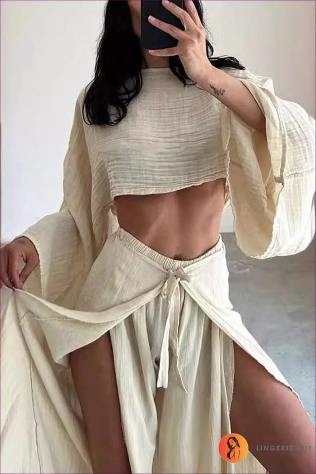 Relaxed Linen-Look Co-Ord Set with Crop Top and Wrap Trousers