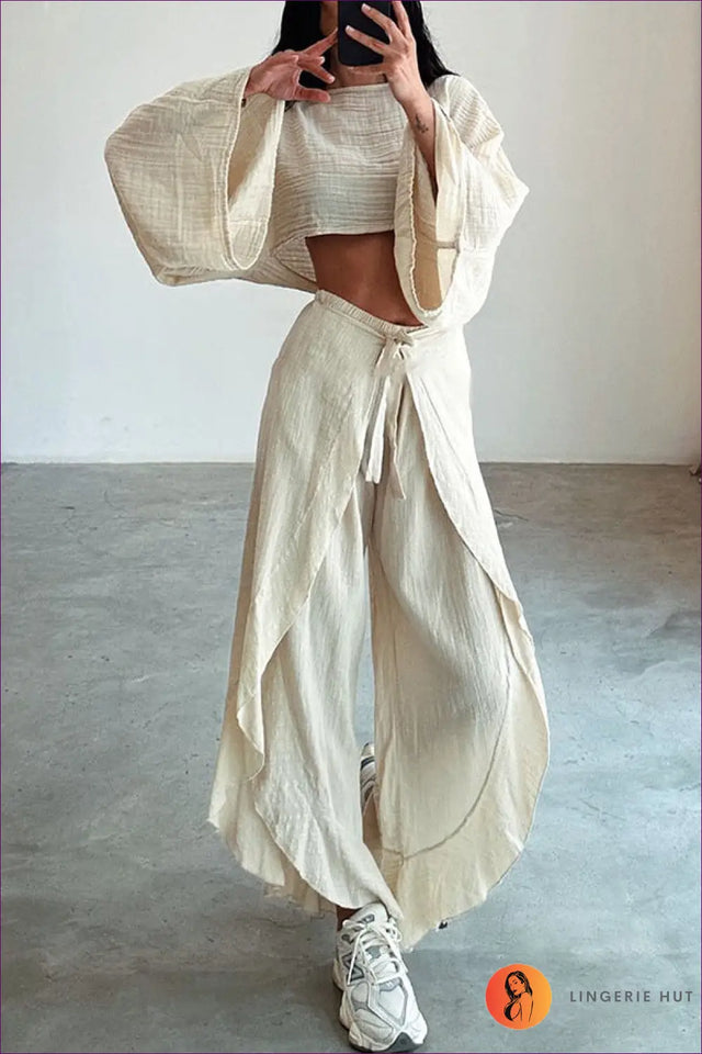 Relaxed Linen-Look Co-Ord Set with Crop Top and Wrap Trousers