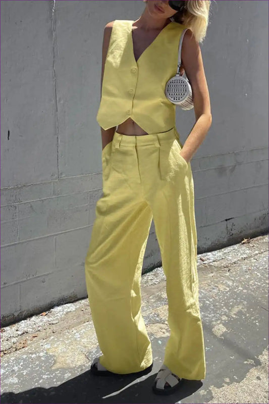 Tailored V-neck Vest and Trouser Set - Polished Ease for Everyday Casual, Cotton, Everyday, Sleeveless, Summer