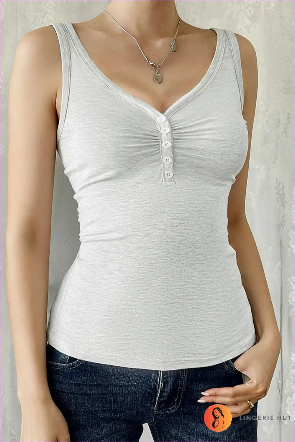 Tank Top with Button Detail - Casual Confidence - s / Gray - Lingerie Hut - All Season • Blouse • Crop • Cutout